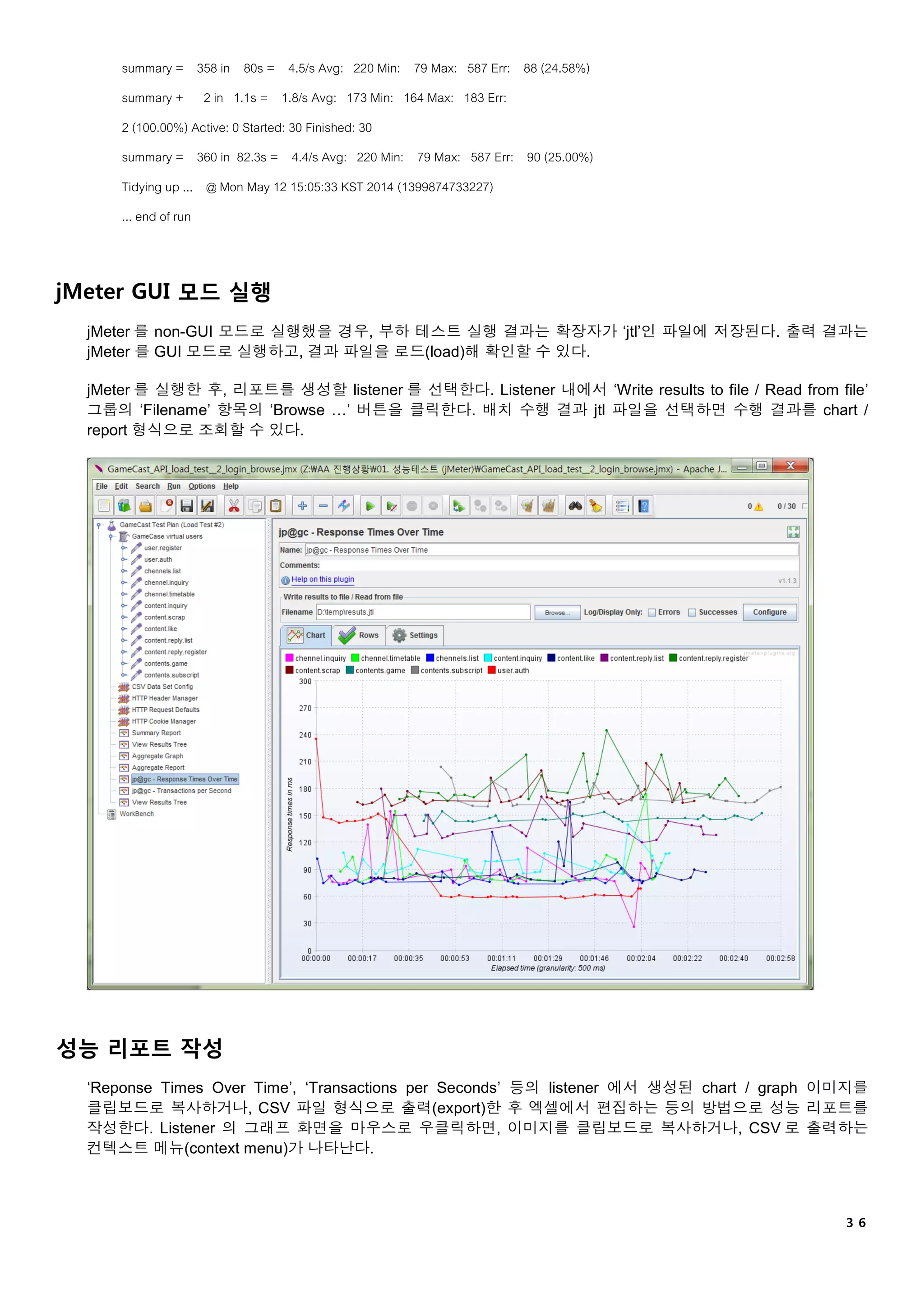 ３６
summary = 358 in 80s = 4.5/s Avg: 220 Min: 79 Max: 587 Err: 88 (24.58%)
summary + 2 in 1.1s = 1.8/s Avg: 173 Min: 164 Max: 183 Err:
2 (100.00%) Active: 0 Started: 30 Finished: 30
summary = 360 in 82.3s = 4.4/s Avg: 220 Min: 79 Max: 587 Err: 90 (25.00%)
Tidying up ... @ Mon May 12 15:05:33 KST 2014 (1399874733227)
... end of run
jMeter GUI 모드 실행
jMeter 를 non-GUI 모드로 실행했을 경우, 부하 테스트 실행 결과는 확장자가 ‘jtl’인 파일에 저장된다. 출력 결과는
jMeter 를 GUI 모드로 실행하고, 결과 파일을 로드(load)해 확인할 수 있다.
jMeter 를 실행한 후, 리포트를 생성할 listener 를 선택한다. Listener 내에서 ‘Write results to file / Read from file’
그룹의 ‘Filename’ 항목의 ‘Browse …’ 버튼을 클릭한다. 배치 수행 결과 jtl 파일을 선택하면 수행 결과를 chart /
report 형식으로 조회할 수 있다.
성능 리포트 작성
‘Reponse Times Over Time’, ‘Transactions per Seconds’ 등의 listener 에서 생성된 chart / graph 이미지를
클립보드로 복사하거나, CSV 파일 형식으로 출력(export)한 후 엑셀에서 편집하는 등의 방법으로 성능 리포트를
작성한다. Listener 의 그래프 화면을 마우스로 우클릭하면, 이미지를 클립보드로 복사하거나, CSV 로 출력하는
컨텍스트 메뉴(context menu)가 나타난다.
 