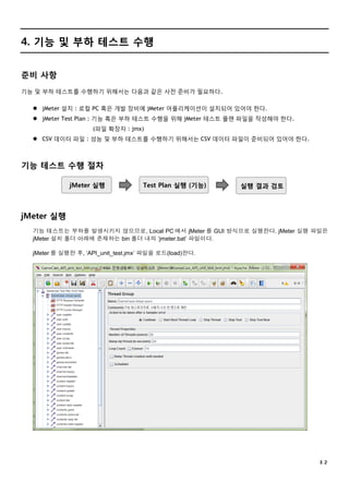 ３２
4. 기능 및 부하 테스트 수행
준비 사항
기능 및 부하 테스트를 수행하기 위해서는 다음과 같은 사전 준비가 필요하다.
 jMeter 설치 : 로컬 PC 혹은 개발 장비에 jMeter 어플리케이션이 설치되어 있어야 한다.
 jMeter Test Plan : 기능 혹은 부하 테스트 수행을 위해 jMeter 테스트 플랜 파일을 작성해야 한다.
(파일 확장자 : jmx)
 CSV 데이터 파일 : 성능 및 부하 테스트를 수행하기 위해서는 CSV 데이터 파일이 준비되어 있어야 한다.
기능 테스트 수행 절차
jMeter 실행 Test Plan 실행 (기능) 실행 결과 검토
jMeter 실행
기능 테스트는 부하를 발생시키지 않으므로, Local PC 에서 jMeter 를 GUI 방식으로 실행한다. jMeter 실행 파일은
jMeter 설치 폴더 아래에 존재하는 bin 폴더 내의 ‘jmeter.bat’ 파일이다.
jMeter 를 실행한 후, ‘API_unit_test.jmx’ 파일을 로드(load)한다.
 