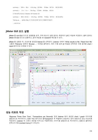 ３６
summary = 358 in 80s = 4.5/s Avg: 220 Min: 79 Max: 587 Err: 88 (24.58%)
summary + 2 in 1.1s = 1.8/s Avg: 173 Min: 164 Max: 183 Err:
2 (100.00%) Active: 0 Started: 30 Finished: 30
summary = 360 in 82.3s = 4.4/s Avg: 220 Min: 79 Max: 587 Err: 90 (25.00%)
Tidying up ... @ Mon May 12 15:05:33 KST 2014 (1399874733227)
... end of run
jMeter GUI 모드 실행
jMeter 를 non-GUI 모드로 실행했을 경우, 부하 테스트 실행 결과는 확장자가 ‘jtl’인 파일에 저장된다. 출력 결과는
jMeter 를 GUI 모드로 실행하고, 결과 파일을 로드(load)해 확인할 수 있다.
jMeter 를 실행한 후, 리포트를 생성할 listener 를 선택한다. Listener 내에서 ‘Write results to file / Read from file’
그룹의 ‘Filename’ 항목의 ‘Browse …’ 버튼을 클릭한다. 배치 수행 결과 jtl 파일을 선택하면 수행 결과를 chart /
report 형식으로 조회할 수 있다.
성능 리포트 작성
‘Reponse Times Over Time’, ‘Transactions per Seconds’ 등의 listener 에서 생성된 chart / graph 이미지를
클립보드로 복사하거나, CSV 파일 형식으로 출력(export)한 후 엑셀에서 편집하는 등의 방법으로 성능 리포트를
작성한다. Listener 의 그래프 화면을 마우스로 우클릭하면, 이미지를 클립보드로 복사하거나, CSV 로 출력하는
컨텍스트 메뉴(context menu)가 나타난다.
 