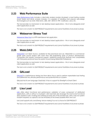 Software Quality Assurance Plan
Performance Testing – Tool Selection
2.23 Web Performance Suite
Web Performance Suite includes a client-side analysis module (Analyzer) a load testing module
(Load Tester) and server analysis modules. It is capable of handling most popular web-design
technologies such as AJAX, Web forms, J2EE, ASP, .NET/C#, PHP, ColdFusion, Java, etc.
The tool provides no mechanism to test desktop based applications – this in turns disregards smart
client applications as well.
The tool is not a match to OUR PRODUCT requirements and cannot facilitate at any level or phase.
2.24 Webserver Stress Tool
Webserver Stress Tool is a HTTP-client/server test application
The tool provides no mechanism to test desktop based applications – this in turns disregards smart
client applications as well.
The tool is not a match to OUR PRODUCT requirements and cannot facilitate at any level or phase.
2.25 WebLOAD
WebLOAD is an Open Source, available for free download and use, WebLOAD is a commercial-
grade open source project with more than 250 engineering years of product development.
Companies that require commercial support, additional productivity features and compatibility
with third-party protocols have the option of purchasing WebLOAD Professional.
The tool provides no mechanism to test desktop based applications – this in turns disregards smart
client applications as well.
The tool is not a match to OUR PRODUCT requirements and cannot facilitate at any level or phase.
2.26 QALoad
QALoad is a performance testing tool from Micro Focus used to perform repeatable load testing
and determine the ultimate performance and potential limits of a system
QALoad has its own language, EasyScript. It has no support for Silverlight or Smart Client.
The tool is not a match to OUR PRODUCT requirements and cannot facilitate at any level or phase.
2.27 Lisa Load
LISA offers direct functional and performance validation of every component of distributed
applications, with or without a UI present. LISA load tests also leverage the end-to-end functional
tests created in LISA, invoking and verifying at every tier of the architecture, with a very low system
footprint required, so capacity can be simulated at the lowest possible effort and cost.
Lisa Load supports only Java/Swing; hence making it as not a choice for OUR PRODUCT.
The tool is not a match to OUR PRODUCT requirements and cannot facilitate at any level or phase.
Copyrights © NetSol Technologies Ltd. All rights reserved 8
Unauthorized copy or use of this document is strictly prohibited
 