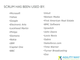 SCRUM HAS BEEN USED BY:
•Microsoft
•Yahoo
•Google
•Electronic Arts
•Lockheed Martin
•Philips
•Siemens
•Nokia
•IBM
•Capital...