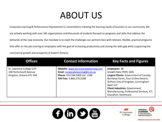 ABOUT US
Corporate Learning & Performance Improvement is committed to meeting the learning needs of business in our community. We
are actively working with over 345 organizations and thousands of students focused on programs and skills that address the
demands of the new economy. Our mandate is to meet the challenges our partners face with relevant, flexible, practical programs
that offer on the job training to employees with the goal of increasing productivity and closing the skills gap while supporting the
commercial growth and prosperity of Eastern Ontario.
Offices Contact Information Key Facts and Figures
St. Lawrence College CLPI
100 Portsmouth Avenue
Kingston, Ontario K7L 5A6
Website: www.slccorporatelearning.com
Email: corporatelearning@sl.on.ca
Phone: 613.544.5400 ext. 1348
Toll Free: 1.866.274.2298
Employees: 48
Growth Rate (YOY): 66%
Largest Clients: Government of Canada,
Burnbrae Farms, Four-O-One Electric,
DuPont, City of Kingston, Cunningham
Swan LLP
Client Industries: Government,
Manufacturing, Professional Services, ICT,
Education, Healthcare
 
