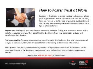 How to Foster Trust at Work 
Success in business requires trusting colleagues. When your organizations money and resources are on the line, how can you do a better job of gauging trustworthiness and thereby improve the probability of success? Here are 3 tips to affect behavior: 
Adapted from “Who Can You Trust?” by David DeSteno . 
Be generous. Feelings of gratitude foster trustworthy behavior. Giving new partners a reason to feel grateful to you is a win-win: They benefit in the short term from your generosity, and you will benefit from their loyalty. 
Find commonality. Focus on the common ground increases the likelihood that your counterpart will see you as someone with whom it’s possible to build a lasting and beneficial relationship. 
Don’t punish. Threats of punishment can provide a temporary solution in the moment but can be counterproductive in the long term: new partners may be less likely to take risks to support one another. 