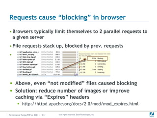 Requests cause “blocking” in browser

• Browsers typically limit themselves to 2 parallel requests to
  a given server
• File requests stack up, blocked by prev. requests
•




• Above, even “not modified” files caused blocking
• Solution: reduce number of images or improve
      caching via “Expires” headers
         http://httpd.apache.org/docs/2.0/mod/mod_expires.html

Performance Tuning PHP on IBM i | 23   © All rights reserved. Zend Technologies, Inc.
 