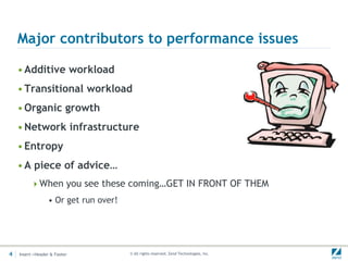 Major contributors to performance issues

    • Additive workload
    • Transitional workload
    • Organic growth
    • Network infrastructure
    • Entropy
    • A piece of advice…
         When you see these coming…GET IN FRONT OF THEM
                 • Or get run over!




4   Insert->Header & Footer           © All rights reserved. Zend Technologies, Inc.
 