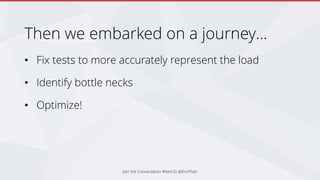 Then we embarked on a journey…
• Fix tests to more accurately represent the load
• Identify bottle necks
• Optimize!
Join the Conversation #NetUG @EricPhan
 