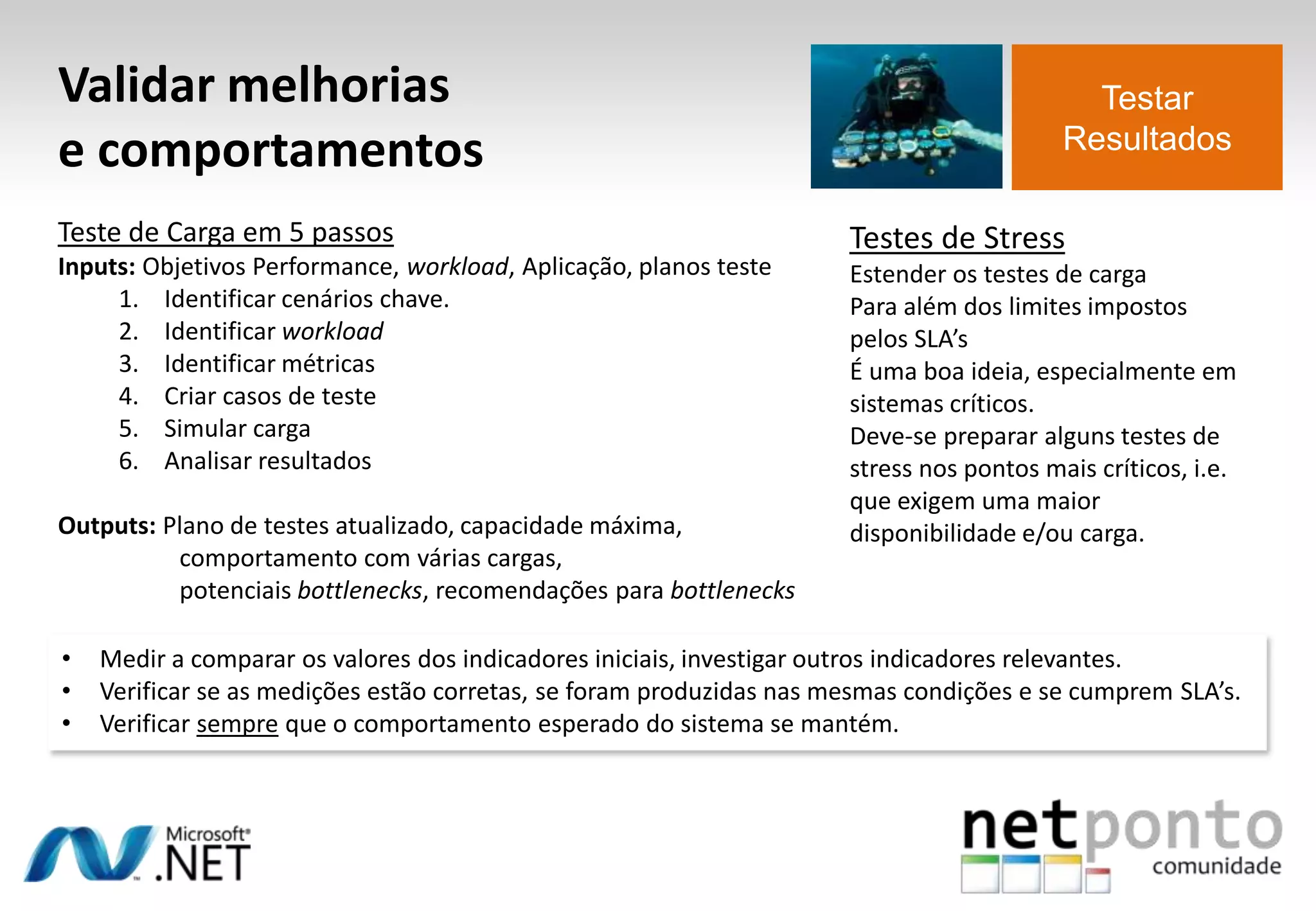 Testar
Resultados
Validar melhorias
e comportamentos
• Medir a comparar os valores dos indicadores iniciais, investigar outros indicadores relevantes.
• Verificar se as medições estão corretas, se foram produzidas nas mesmas condições e se cumprem SLA’s.
• Verificar sempre que o comportamento esperado do sistema se mantém.
Teste de Carga em 5 passos
Inputs: Objetivos Performance, workload, Aplicação, planos teste
1. Identificar cenários chave.
2. Identificar workload
3. Identificar métricas
4. Criar casos de teste
5. Simular carga
6. Analisar resultados
Outputs: Plano de testes atualizado, capacidade máxima,
comportamento com várias cargas,
potenciais bottlenecks, recomendações para bottlenecks
Testes de Stress
Estender os testes de carga
Para além dos limites impostos
pelos SLA’s
É uma boa ideia, especialmente em
sistemas críticos.
Deve-se preparar alguns testes de
stress nos pontos mais críticos, i.e.
que exigem uma maior
disponibilidade e/ou carga.
 