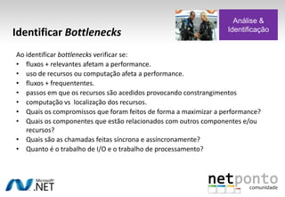 Ao identificar bottlenecks verificar se:
• fluxos + relevantes afetam a performance.
• uso de recursos ou computação afeta a performance.
• fluxos + frequententes.
• passos em que os recursos são acedidos provocando constrangimentos
• computação vs localização dos recursos.
• Quais os compromissos que foram feitos de forma a maximizar a performance?
• Quais os componentes que estão relacionados com outros componentes e/ou
recursos?
• Quais são as chamadas feitas síncrona e assíncronamente?
• Quanto é o trabalho de I/O e o trabalho de processamento?
Identificar Bottlenecks
Análise &
Identificação
 