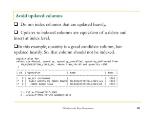 Avoid updated columns 
 Do not index columns that are updated heavily. 
 Updates to indexed columns are equivalent of a delete and 
insert at index level. 
 In this example, quantity is a good candidate column, but 
updated heavily. So, that column should not be indexed. 
explain plan for 
Select attribute1, quantity, quantity_cancelled, quantity_delivered from 
PO_REQUISITION_LINES_ALL where item_id=:b1 and quantity >100 
/ 
------------------------------------------------------------------------ 
| Id | Operation | Name | Rows | 
------------------------------------------------------------------------ 
| 0 | SELECT STATEMENT | | 1545 | 
|* 1 | TABLE ACCESS BY INDEX ROWID| PO_REQUISITION_LINES_ALL | 1545 | 
|* 2 | INDEX RANGE SCAN | PO_REQUISITION_LINES_N7 | 1545 | 
------------------------------------------------------------------------ 
1 - filter("QUANTITY">100) 
2 - access("ITEM_ID"=TO_NUMBER(:B1)) 
©OraInternals Riyaj Shamsudeen 102 
 