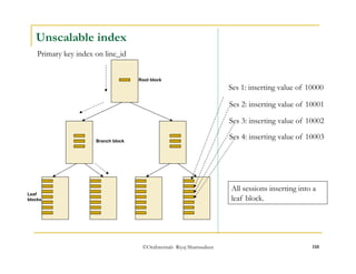 ©OraInternals Riyaj Shamsudeen 110 
Unscalable index 
Root block 
Primary key index on line_id 
Branch block 
Leaf 
blocks 
Ses 1: inserting value of 10000 
Ses 2: inserting value of 10001 
Ses 3: inserting value of 10002 
Ses 4: inserting value of 10003 
All sessions inserting into a 
leaf block. 
 