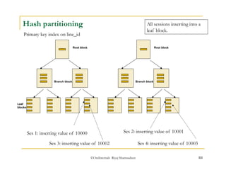 ©OraInternals Riyaj Shamsudeen 111 
Hash partitioning 
Primary key index on line_id 
Root block 
Branch block 
Leaf 
blocks 
All sessions inserting into a 
leaf block. 
Root block 
Branch block 
Ses 1: inserting value of 10000 Ses 2: inserting value of 10001 
Ses 3: inserting value of 10002 Ses 4: inserting value of 10003 
 