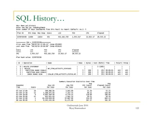 122 
SQL History… 
SQL> @awr_sql_history 
Enter the SQL_ID: 53ph4hjg7dmtb 
Enter number of days (backwards from this hour) to report (default: ALL): 5 
+--------------------------------------------------------------------------------------------------+ 
|Plan HV Min Snap Max Snap Execs LIO PIO CPU Elapsed | 
+--------------------------------------------------------------------------------------------------+ 
|3239720338 11464 11614 341 432,102,720 1,455,517 13,922.17 28,535.22 | 
+--------------------------------------------------------------------------------------------------+ 
. 
========== PHV = 3239720338========== 
First seen from "06/07/10 17:00:13" (snap #11464) 
Last seen from "06/10/10 20:00:00" (snap #11614) 
. 
Execs LIO PIO CPU Elapsed 
===== === === === ======= 
341 1,455,517 432,102,720 13,922.17 28,535.22 
. 
Plan hash value: 3239720338 
-------------------------------------------------------------------------------------------------------------------------- 
| Id | Operation | Name | Rows | Bytes | Cost (%CPU)| Time | Pstart| Pstop | 
-------------------------------------------------------------------------------------------------------------------------- 
| 0 | DELETE STATEMENT | | | | 3 (100)| | | | 
| 1 | DELETE | WF_ITEM_ACTIVITY_STATUSES | | | | | | | 
| 2 | PARTITION RANGE SINGLE| | 3 | 108 | 3 (0)| 00:00:01 | KEY | KEY | 
| 3 | PARTITION HASH SINGLE| | 3 | 108 | 3 (0)| 00:00:01 | KEY | KEY | 
| 4 | INDEX RANGE SCAN | CCW_WF_ITEM_ACTIVITY_STATUS_N5 | 3 | 108 | 3 (0)| 00:00:01 | KEY | KEY | 
-------------------------------------------------------------------------------------------------------------------------- 
Summary Execution Statistics Over Time 
Avg Avg 
Snapshot Avg LIO Avg PIO CPU (secs) Elapsed (secs) 
Time Execs Per Exec Per Exec Per Exec Per Exec 
------------ -------- ------------------- ------------------- ------------------- ------------------- 
07-JUN 17:00 19 589,986.84 3,043.89 21.50 55.15 
07-JUN 17:30 12 1,368,471.83 7,357.75 48.21 126.40 
07-JUN 18:00 4 4,063,364.00 6,779.25 118.69 180.04 
07-JUN 20:00 27 932,021.63 1,941.33 29.21 50.70 
07-JUN 22:00 1 10,350,626.00 35,867.00 334.29 683.23 
08-JUN 00:00 1 9,345,543.00 31,275.00 287.37 582.39 
OraInternals June 2010 
Riyaj Shamsudeen 
 