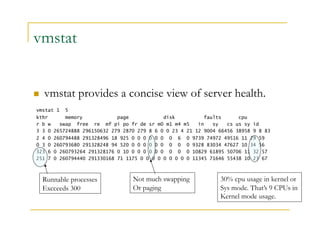 vmstat 
 vmstat provides a concise view of server health. 
vmstat 1 5 
kthr memory page disk faults cpu 
r b w swap free re mf pi po fr de sr m0 m1 m4 m5 in sy cs us sy id 
3 3 0 265724888 296150632 279 2870 279 8 6 0 0 23 4 21 12 9004 66456 38958 9 8 83 
2 4 0 260794488 291328496 18 925 0 0 0 0 0 0 0 6 0 9739 74972 49516 11 29 59 
0 3 0 260793680 291328248 94 520 0 0 0 0 0 0 0 0 0 9328 83034 47627 10 34 56 
323 6 0 260793264 291328176 0 10 0 0 0 0 0 0 0 0 0 10829 61895 50706 11 32 57 
251 7 0 260794440 291330168 71 1175 0 0 0 0 0 0 0 0 0 11345 71646 55438 10 23 67 
Runnable processes 
Excceeds 300 
Not much swapping 
Or paging 
30% cpu usage in kernel or 
Sys mode. That’s 9 CPUs in 
Kernel mode usage. 
 