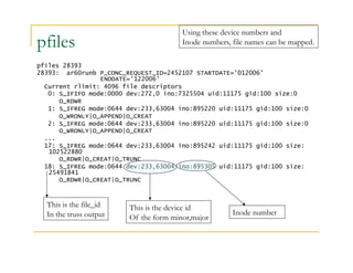 pfiles 
Using these device numbers and 
Inode numbers, file names can be mapped. 
pfiles 28393 
28393: ar60runb P_CONC_REQUEST_ID=2452107 STARTDATE='012006' 
ENDDATE='122006' 
Current rlimit: 4096 file descriptors 
0: S_IFIFO mode:0000 dev:272,0 ino:7325504 uid:11175 gid:100 size:0 
O_RDWR 
1: S_IFREG mode:0644 dev:233,63004 ino:895220 uid:11175 gid:100 size:0 
O_WRONLY|O_APPEND|O_CREAT 
2: S_IFREG mode:0644 dev:233,63004 ino:895220 uid:11175 gid:100 size:0 
O_WRONLY|O_APPEND|O_CREAT 
... 
17: S_IFREG mode:0644 dev:233,63004 ino:895242 uid:11175 gid:100 size: 
102522880 
O_RDWR|O_CREAT|O_TRUNC 
18: S_IFREG mode:0644 dev:233,63004 ino:895305 uid:11175 gid:100 size: 
25491841 
O_RDWR|O_CREAT|O_TRUNC 
This is the file_id 
In the truss output 
This is the device id 
Of the form minor,major 
Inode number 
