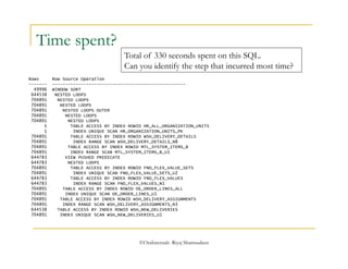 Total of 330 seconds spent on this SQL. 
Can you identify the step that incurred most time? 
©OraInternals Riyaj Shamsudeen 
Time spent? 
Rows Row Source Operation 
------- --------------------------------------------------- 
49996 WINDOW SORT 
644538 NESTED LOOPS 
704891 NESTED LOOPS 
704891 NESTED LOOPS 
704891 NESTED LOOPS OUTER 
704891 NESTED LOOPS 
704891 NESTED LOOPS 
1 TABLE ACCESS BY INDEX ROWID HR_ALL_ORGANIZATION_UNITS 
1 INDEX UNIQUE SCAN HR_ORGANIZATION_UNITS_PK 
704891 TABLE ACCESS BY INDEX ROWID WSH_DELIVERY_DETAILS 
704891 INDEX RANGE SCAN WSH_DELIVERY_DETAILS_N8 
704891 TABLE ACCESS BY INDEX ROWID MTL_SYSTEM_ITEMS_B 
704891 INDEX RANGE SCAN MTL_SYSTEM_ITEMS_B_U1 
644783 VIEW PUSHED PREDICATE 
644783 NESTED LOOPS 
704891 TABLE ACCESS BY INDEX ROWID FND_FLEX_VALUE_SETS 
704891 INDEX UNIQUE SCAN FND_FLEX_VALUE_SETS_U2 
644783 TABLE ACCESS BY INDEX ROWID FND_FLEX_VALUES 
644783 INDEX RANGE SCAN FND_FLEX_VALUES_N1 
704891 TABLE ACCESS BY INDEX ROWID OE_ORDER_LINES_ALL 
704891 INDEX UNIQUE SCAN OE_ORDER_LINES_U1 
704891 TABLE ACCESS BY INDEX ROWID WSH_DELIVERY_ASSIGNMENTS 
704891 INDEX RANGE SCAN WSH_DELIVERY_ASSIGNMENTS_N3 
644538 TABLE ACCESS BY INDEX ROWID WSH_NEW_DELIVERIES 
704891 INDEX UNIQUE SCAN WSH_NEW_DELIVERIES_U1 
 