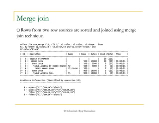  Rows from two row sources are sorted and joined using merge 
join technique. 
©OraInternals Riyaj Shamsudeen 
Merge join 
select /*+ use_merge (t1, t2) */ t1.color, t2.color, t1.shape from 
t1, t2 where t1.color_id = t2.color_id and t1.color='black' and 
t2.color='black' 
------------------------------------------------------------------------------------------ 
| Id | Operation | Name | Rows | Bytes | Cost (%CPU)| Time | 
------------------------------------------------------------------------------------------ 
| 0 | SELECT STATEMENT | | | | 10 (100)| | 
| 1 | MERGE JOIN | | 500 | 15000 | 10 (20)| 00:00:01 | 
| 2 | SORT JOIN | | 500 | 5000 | 5 (20)| 00:00:01 | 
| 3 | TABLE ACCESS BY INDEX ROWID| T2 | 500 | 5000 | 4 (0)| 00:00:01 | 
|* 4 | INDEX RANGE SCAN | T2_COLOR | 500 | | 2 (0)| 00:00:01 | 
|* 5 | SORT JOIN | | 900 | 18000 | 5 (20)| 00:00:01 | 
|* 6 | TABLE ACCESS FULL | T1 | 900 | 18000 | 4 (0)| 00:00:01 | 
------------------------------------------------------------------------------------------ 
Predicate Information (identified by operation id): 
--------------------------------------------------- 
4 - access("T2"."COLOR"='black') 
5 - access("T1"."COLOR_ID"="T2"."COLOR_ID") 
filter("T1"."COLOR_ID"="T2"."COLOR_ID") 
6 - filter("T1"."COLOR"='black') 
 