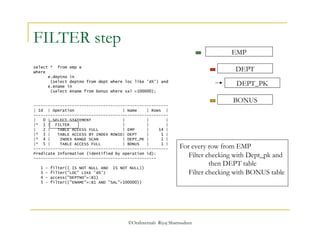 ©OraInternals Riyaj Shamsudeen 
FILTER step 
select * from emp e 
where 
e.deptno in 
(select deptno from dept where loc like 'A%') and 
e.ename in 
(select ename from bonus where sal >100000); 
-------------------------------------------------------- 
| Id | Operation | Name | Rows | 
-------------------------------------------------------- 
| 0 | SELECT STATEMENT | | | 
|* 1 | FILTER | | | 
| 2 | TABLE ACCESS FULL | EMP | 14 | 
|* 3 | TABLE ACCESS BY INDEX ROWID| DEPT | 1 | 
|* 4 | INDEX RANGE SCAN | DEPT_PK | 1 | 
|* 5 | TABLE ACCESS FULL | BONUS | 1 | 
-------------------------------------------------------- 
Predicate Information (identified by operation id): 
--------------------------------------------------- 
1 - filter(( IS NOT NULL AND IS NOT NULL)) 
3 - filter("LOC" LIKE 'A%') 
4 - access("DEPTNO"=:B1) 
5 - filter(("ENAME"=:B1 AND "SAL">100000)) 
EMP 
DEPT 
DEPT_PK 
BONUS 
For every row from EMP 
Filter checking with Dept_pk and 
then DEPT table 
Filter checking with BONUS table 
 