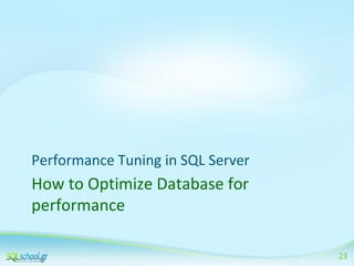 Performance Tuning in SQL Server

How to Optimize Database for
performance
23

 