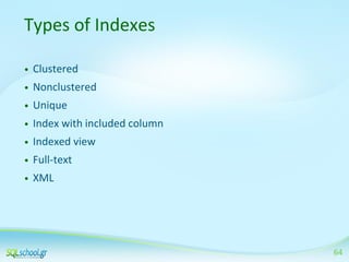 Types of Indexes
•

Clustered

•

Nonclustered

•

Unique

•

Index with included column

•

Indexed view

•

Full-text

•

XML

64

 