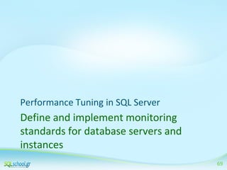 Performance Tuning in SQL Server

Define and implement monitoring
standards for database servers and
instances
69

 