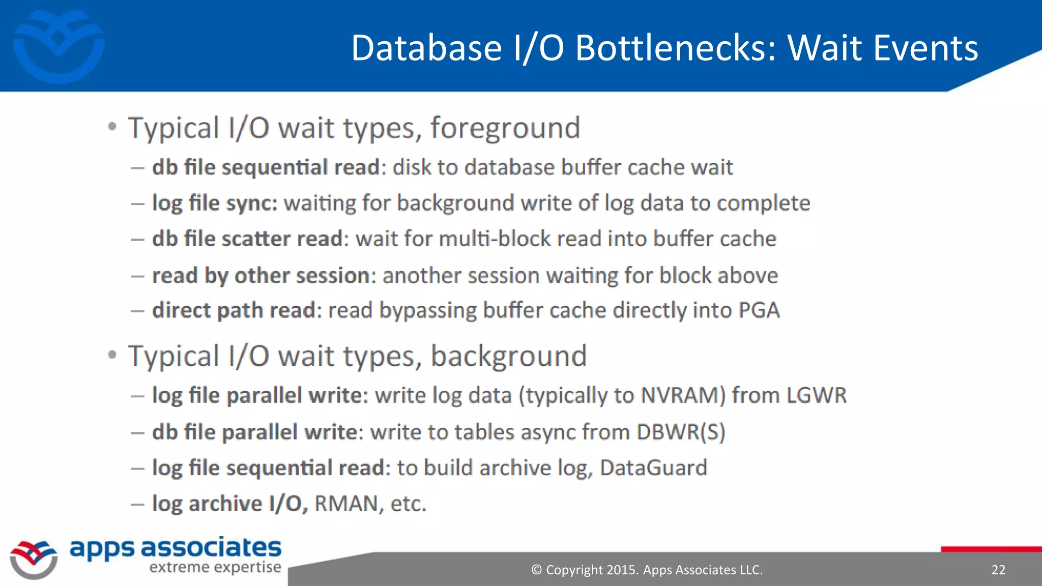© Copyright 2015. Apps Associates LLC. 22
Database I/O Bottlenecks: Wait Events
 