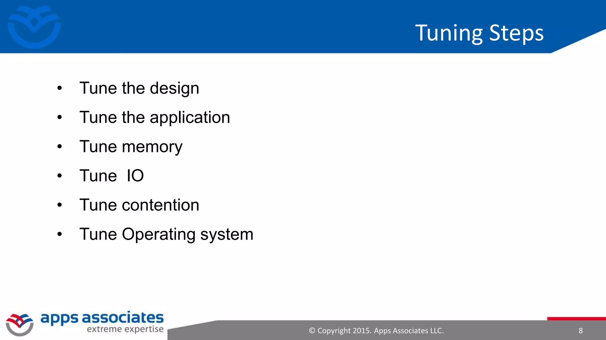 © Copyright 2015. Apps Associates LLC. 8
• Tune the design
• Tune the application
• Tune memory
• Tune IO
• Tune contention
• Tune Operating system
Tuning Steps
 