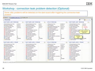 WAS ENT Persona Test


Workshop : connection leak problem detection (Optional)
     Some Jdbc problems will be detected on the dash board after triggering the connection leak
     problem




26                                                                                                © 2012 IBM Corporation
 