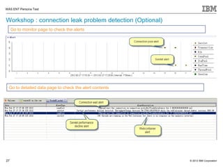 WAS ENT Persona Test


Workshop : connection leak problem detection (Optional)
     Go to monitor page to check the alerts




  Go to detailed data page to check the alert contents




27                                                        © 2012 IBM Corporation
 