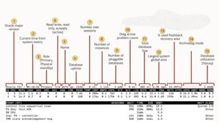 Oracle major
version
Current time from
system metric
Role
(Primary,
Physical
standby)
Read write, read
only, w/apply
(active)
Name
Database
uptime
Number user
sessions
Number of
instances
Number of
pluggable
databases
Diag active
problem count
Total
database
Size
Largest system
global area
% used flashback
recovery area
Archivelog mode
Database
utilization
(%busy)
1
2
3
4
5
6
7
8
9
10
11
12
13
14
15
 