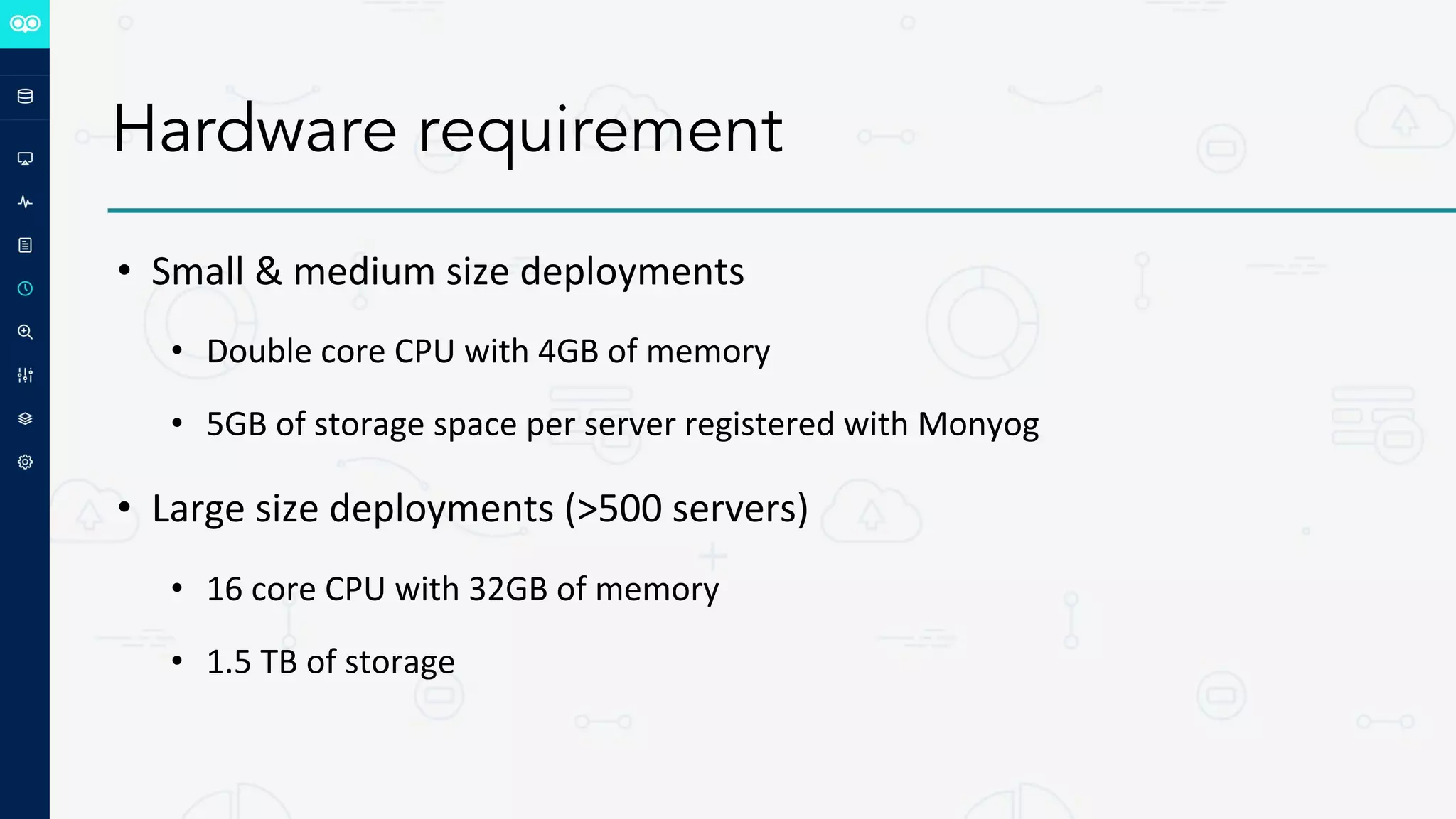 Hardware requirement
• Small & medium size deployments
• Double core CPU with 4GB of memory
• 5GB of storage space per server registered with Monyog
• Large size deployments (>500 servers)
• 16 core CPU with 32GB of memory
• 1.5 TB of storage
 