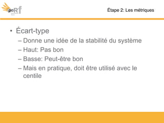 • Écart-type
– Donne une idée de la stabilité du système
– Haut: Pas bon
– Basse: Peut-être bon
– Mais en pratique, doit être utilisé avec le
centile
Étape 2: Les métriques
 