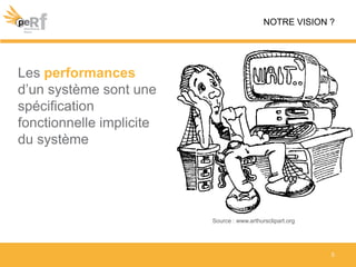 5
NOTRE VISION ?
Source : www.arthursclipart.org
Les performances
d’un système sont une
spécification
fonctionnelle implicite
du système
 