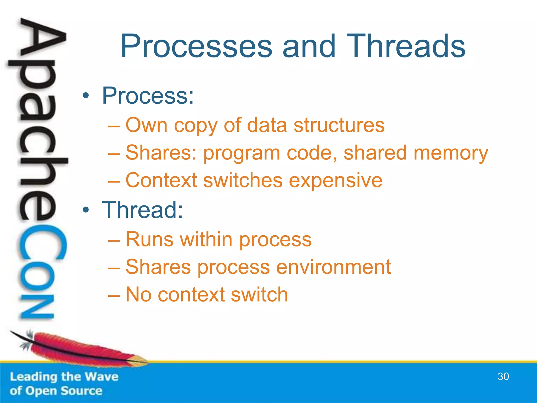 Processes and Threads
• Process:
  – Own copy of data structures
  – Shares: program code, shared memory
  – Context switches expensive
• Thread:
  – Runs within process
  – Shares process environment
  – No context switch


                                          30
 