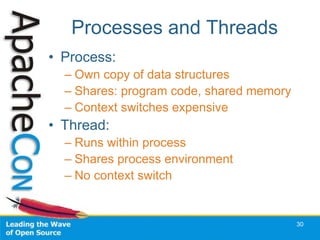 Processes and Threads
• Process:
  – Own copy of data structures
  – Shares: program code, shared memory
  – Context switches expensive
• Thread:
  – Runs within process
  – Shares process environment
  – No context switch


                                          30
 