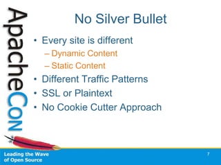 No Silver Bullet
• Every site is different
  – Dynamic Content
  – Static Content
• Different Traffic Patterns
• SSL or Plaintext
• No Cookie Cutter Approach



                               7
 
