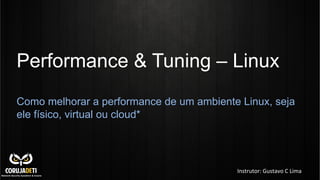 Performance & Tuning – Linux
Como melhorar a performance de um ambiente Linux, seja
ele físico, virtual ou cloud*

Instrutor:	
  Gustavo	
  C	
  Lima	
  

 