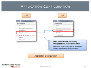 A PPLICATION C ONFIGURATION
2.15

2.18



Web Applications are directly
integrated into applications rules



Dynamic Protocols page is no longer
useful thanks to auto-discovery

Application Configuration

© SecurActive 2013

10

 