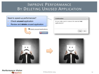 I MPROVE P ERFORMANCE
B Y D ELETING U NUSED A PPLICATION
Need to speed-up performances?


Check unused application



Review and delete unused application

© SecurActive 2013

12

 