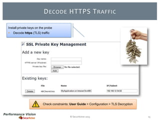 D ECODE HTTPS T RAFFIC
Install private keys on the probe


Decode https (TLS) traffic

Check constraints: User Guide > Configuration > TLS Decryption

© SecurActive 2013

15

 