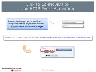 L INK TO C ONFIGURATION
FOR HTTP P AGES A CTIVATION
A warning is displayed with a direct link to
configuration if HTTP Pages is not activated


Applies to HTTP Performance > Pages

© SecurActive 2013

27

 