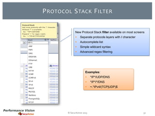 P ROTOCOL S TACK F ILTER
New Protocol Stack filter available on most screens


Separate protocols layers with / character



Autocomplete list



Simple wildcard syntax



Advanced regex filtering

Examples:


*IP*/UDP/DNS



*IP*/*/DNS



~.*IPv4/(TCP|UDP)$

© SecurActive 2013

32

 