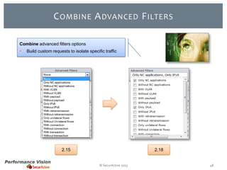C OMBINE A DVANCED F ILTERS
Combine advanced filters options


Build custom requests to isolate specific traffic

2.15

2.18

© SecurActive 2013

48

 