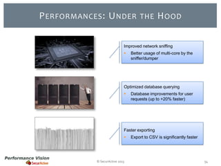 P ERFORMANCES : U NDER

THE

H OOD

Improved network sniffing


Better usage of multi-core by the
sniffer/dumper

Optimized database querying


Database improvements for user
requests (up to +20% faster)

Faster exporting


© SecurActive 2013

Export to CSV is significantly faster

54

 