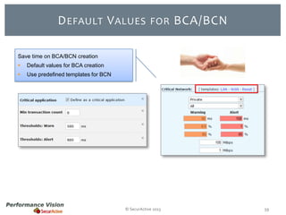 D EFAULT V ALUES

FOR

BCA/BCN

Save time on BCA/BCN creation


Default values for BCA creation



Use predefined templates for BCN

© SecurActive 2013

59

 