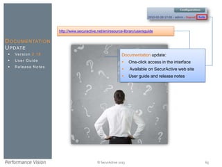 http://www.securactive.net/en/resource-library/usersguide

D O C U M E N TAT I O N
U PDATE


Ve r s i o n 2 . 1 8

Documentation update:



User Guide



One-click access in the interface



Release Notes



Available on SecurActive web site



User guide and release notes

© SecurActive 2013

65

 
