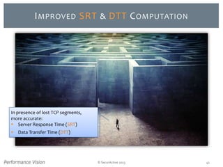 © SecurActive 2013 41
IMPROVED SRT & DTT COMPUTATION
In presence of lost TCP segments,
more accurate:
 Server Response Time (SRT)
 Data Transfer Time (DTT)
 