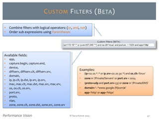 © SecurActive 2013 47
CUSTOM FILTERS (BETA)
Available fields:
 app,
 capture.begin, capture.end,
 device,
 diffserv, diffserv.clt, diffserv.srv,
 domain,
 ip, ip.clt, ip.dst, ip.src, ip.srv,
 mac, mac.clt, mac.dst, mac.src, mac.srv,
 os, os.clt, os.srv,
 port.srv,
 proto,
 vlan,
 zone, zone.clt, zone.dst, zone.src, zone.srv
 Combine filters with logical operators: (or, and, not)
 Order sub expressions using Parentheses
Examples:
 (ip=10.10.*.* or ip.srv=10.20.30.*) and os.clt=‘linux’
 zone in ‘/Private/Servers’ or port.srv < 1024
 (proto=udp and port.srv=53) or zone in ‘/Private/DNS’
 domain=‘~^www.google.(fr|com)$’
 app=’http’ or app=’https’
 
