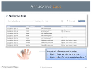 © SecurActive 2013 53
APPLICATIVE LOGS
Keep track of events on the probe.
 Up to 7 days for internal processes
 Up to 31 days for other events (ex: Errors)
 
