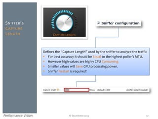 © SecurActive 2013
SNIFFER’S
CAPTURE
LENGTH
57
Defines the “Capture Length” used by the sniffer to analyze the traffic
 For best accuracy it should be Equal to the highest poller’s MTU.
 However high values are highly CPU Consuming
 Smaller values will Save CPU processing power.
 Sniffer Restart is required!
CAPTURE LENGTH
 