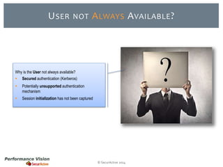 USER NOT ALWAYS AVAILABLE? 
© SecurActive 2014 
Why is the User not always available? 
 Secured authentication (Kerberos) 
 Potentially unsupported authentication 
mechanism 
 Session initialization has not been captured 
 